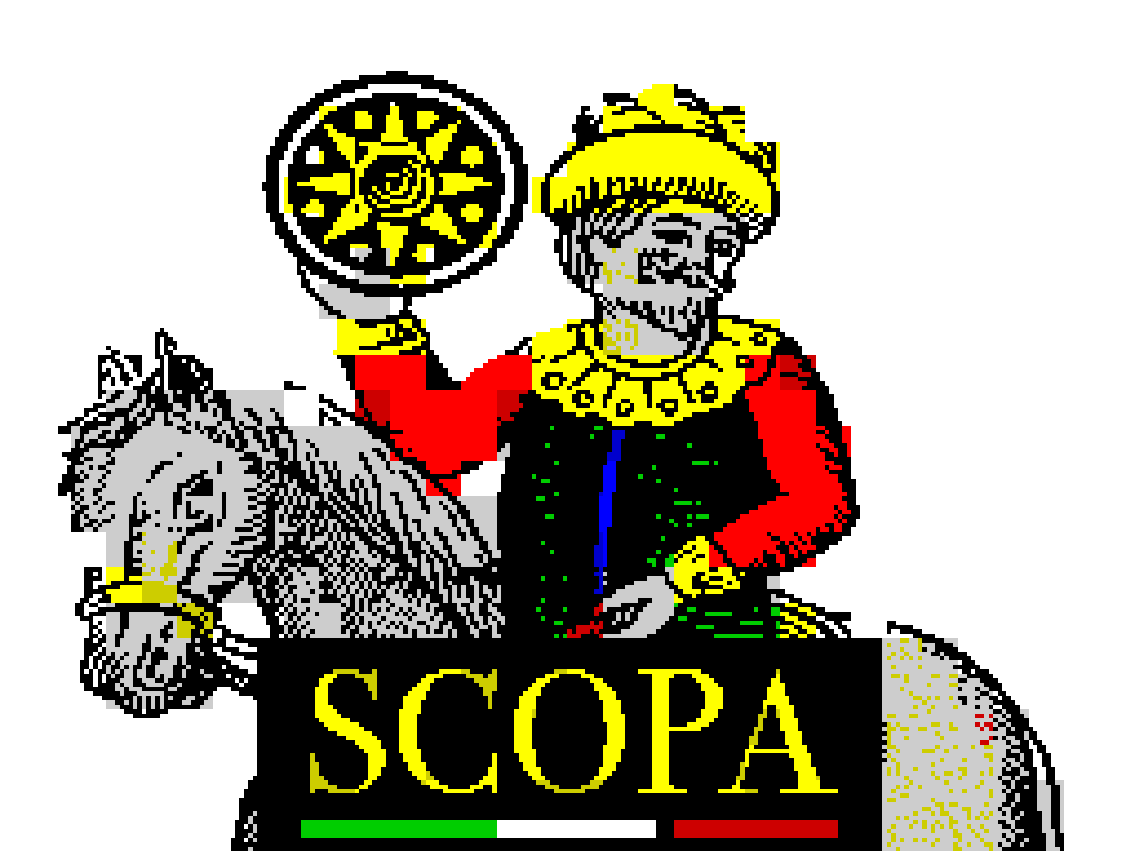 Scopa loading screen: a Neapolitan knight on horseback holding a gold coin, with the SCOPA wordmark over the Italian tricolore