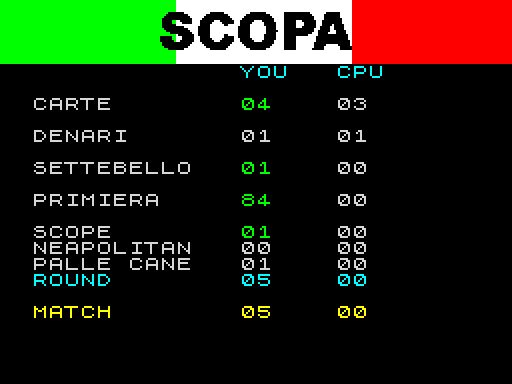 End-of-deal scoring screen showing Carte, Denari, Settebello, Primiera and more