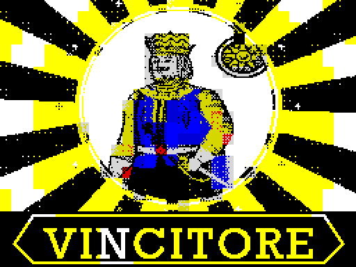 The VINCITORE victory screen with an animated golden sunburst shimmer