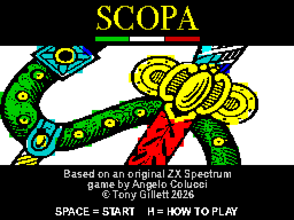 Title screen: the Ace of Swords with the SCOPA wordmark and tricolore