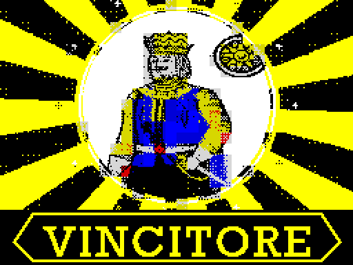 The VINCITORE victory screen: the King of Coins on a golden sunburst when you win the match